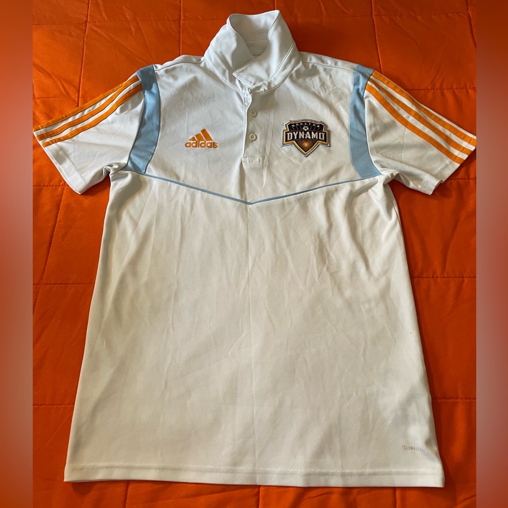 Adidas Houston Dynamo Shirt Small White Polo Short Sleeve Soccer MLS Logo